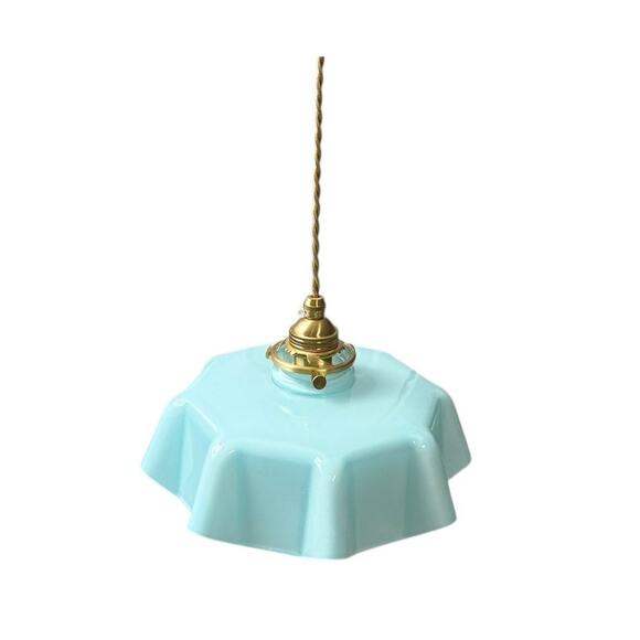 Retro Milk Glass Ceiling Pendant Light Draped Flower Gold Cord Blue Shade - Picture 1 of 11